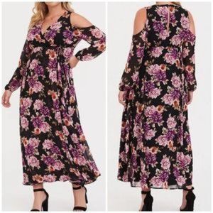 Torrid Black Floral Cold Shoulder Chiffon Maxi Dress 3X NWT